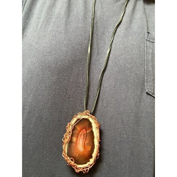 Pendant Agate Sard Copper Tribal Leather Carnelian Unisex Rustic Burning Man - Picture 2 of 10